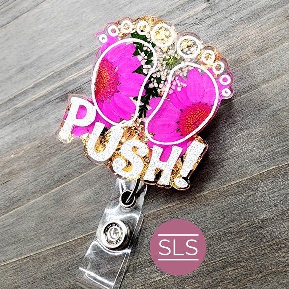 Baby Feet Floral Badge Reel With Push-OBGYN Badge Reel-NICU Nurse-OB Nurse Badge - Picture 7 of 7